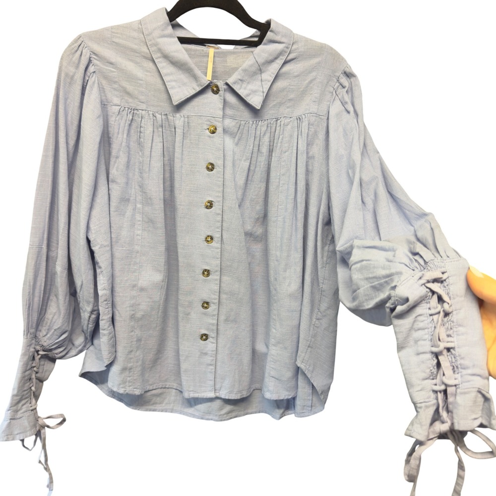 Free People Light Blue Lace Up Cuff Button Down Boho Blouse Small
